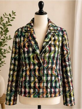 Vintage-Inspired Rainbow Wave Plaid Jacket Blazer Artsy Retro Coat M
